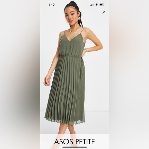 ASOS DESIGN Petite pleated cami midi dress with drawstring waist in khaki - Picture 1 of 5